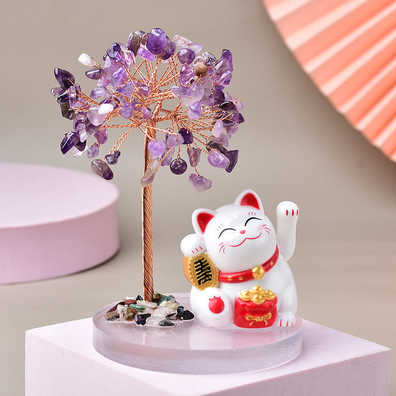 🌿🐱 "Whisker Wishes: Lovely Cat Base Fortune Tree with Crystal Gravel - Purr-fect Feng Shui!" 🐱🌿