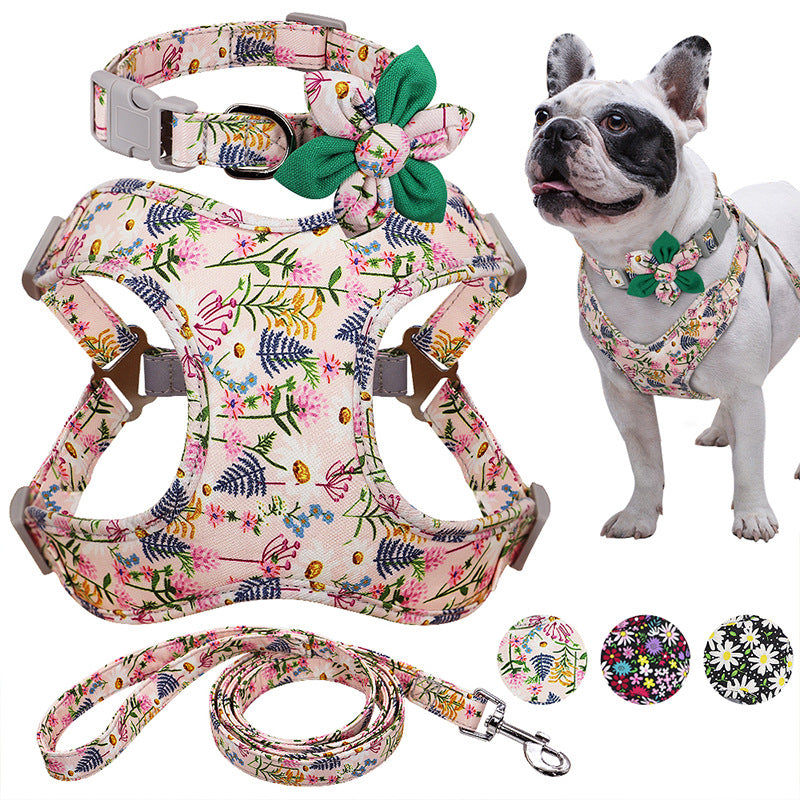 🌸🐾 "Step Out in Style: Floral Printed Dog Collar Harness Leash Set for Your Pup!" 🐾🌸