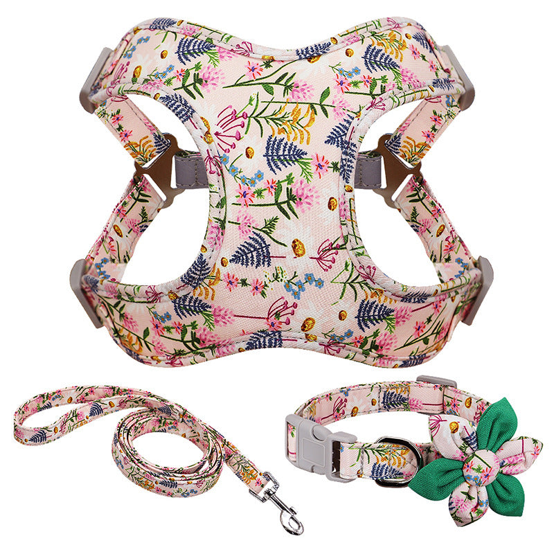 🌸🐾 "Step Out in Style: Floral Printed Dog Collar Harness Leash Set for Your Pup!" 🐾🌸