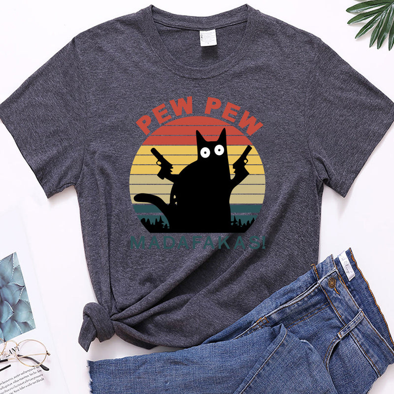 Letter Ca🐱👚 "Whisker Chic: Letter Cat Novelty Print Tee - Purr-fect Feline Fashion!" 👚🐱t Novelty Print Round Neck T-Shirt Short Sleeve