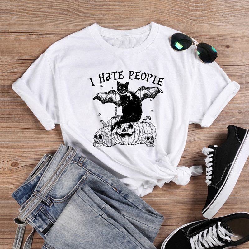 🦇🐱 "Chic and Feline: Bat Cat Letter Print T-Shirt for Women!" 👚🌟