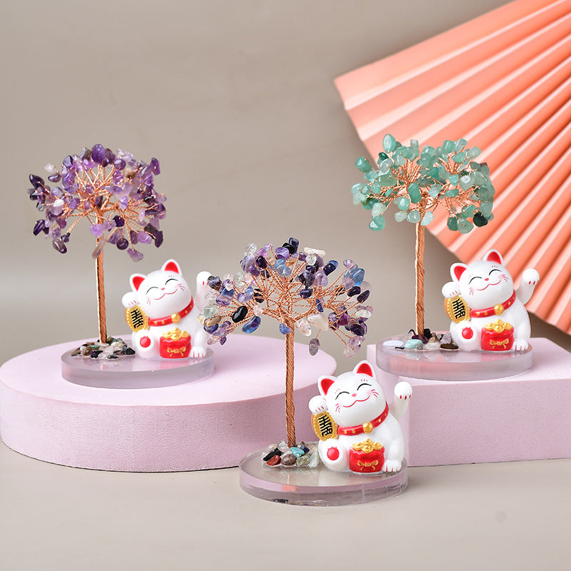 🌿🐱 "Whisker Wishes: Lovely Cat Base Fortune Tree with Crystal Gravel - Purr-fect Feng Shui!" 🐱🌿