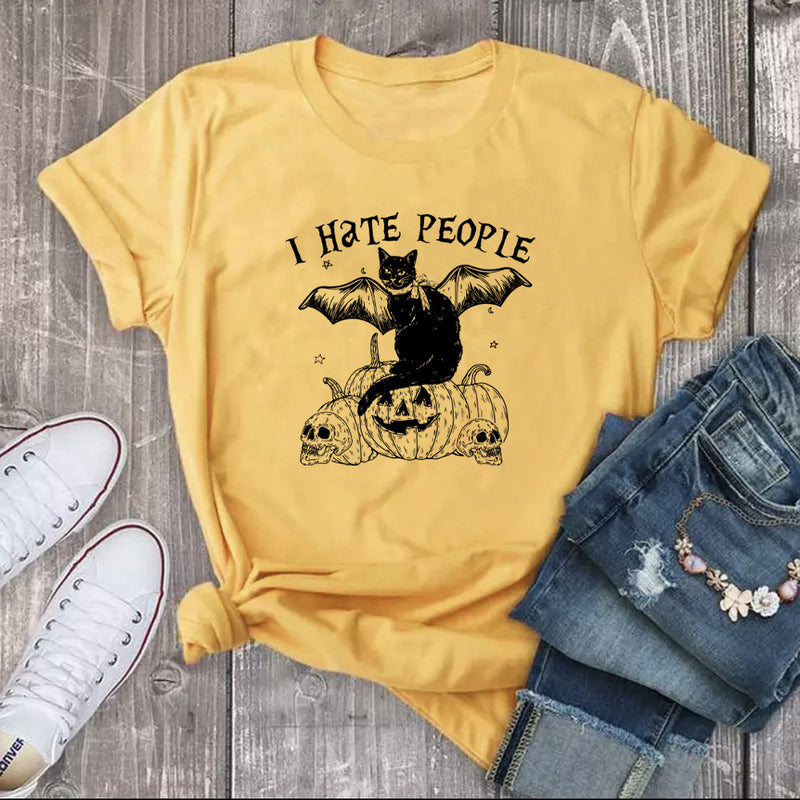 🦇🐱 "Chic and Feline: Bat Cat Letter Print T-Shirt for Women!" 👚🌟