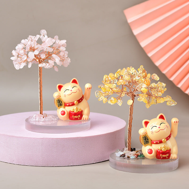 🌿🐱 "Whisker Wishes: Lovely Cat Base Fortune Tree with Crystal Gravel - Purr-fect Feng Shui!" 🐱🌿