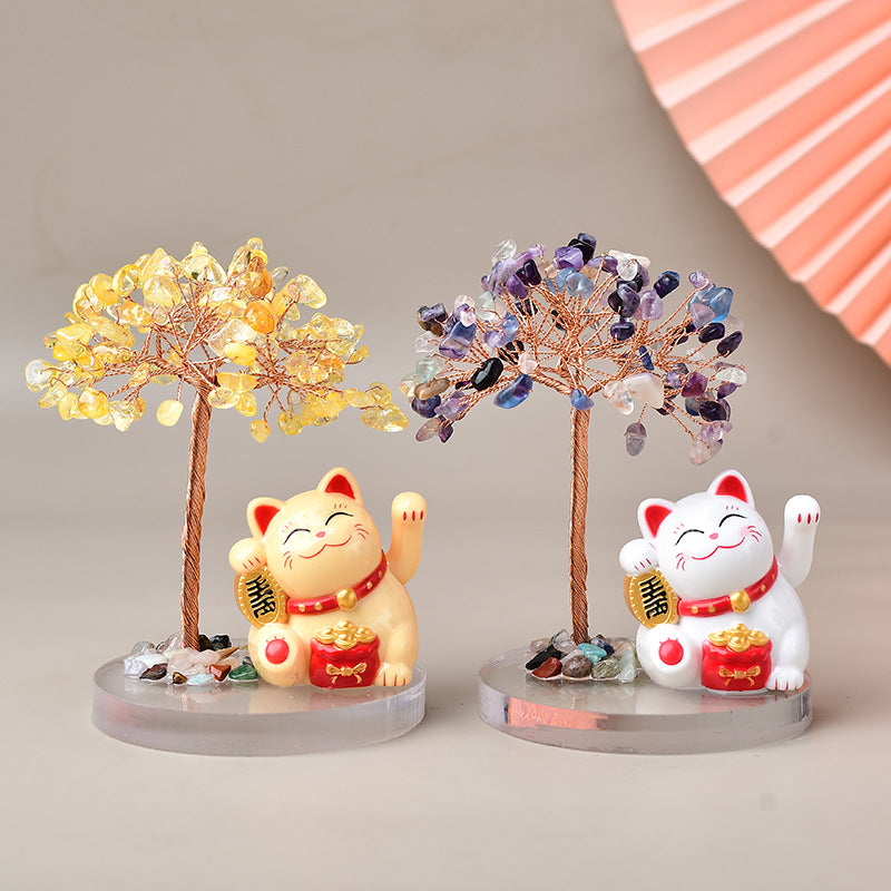 🌿🐱 "Whisker Wishes: Lovely Cat Base Fortune Tree with Crystal Gravel - Purr-fect Feng Shui!" 🐱🌿